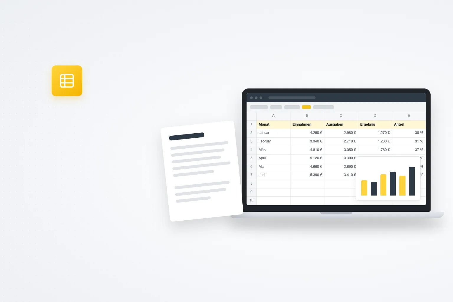 Tabelle mit Diagramm auf einem Laptop – Excel Grundlagen